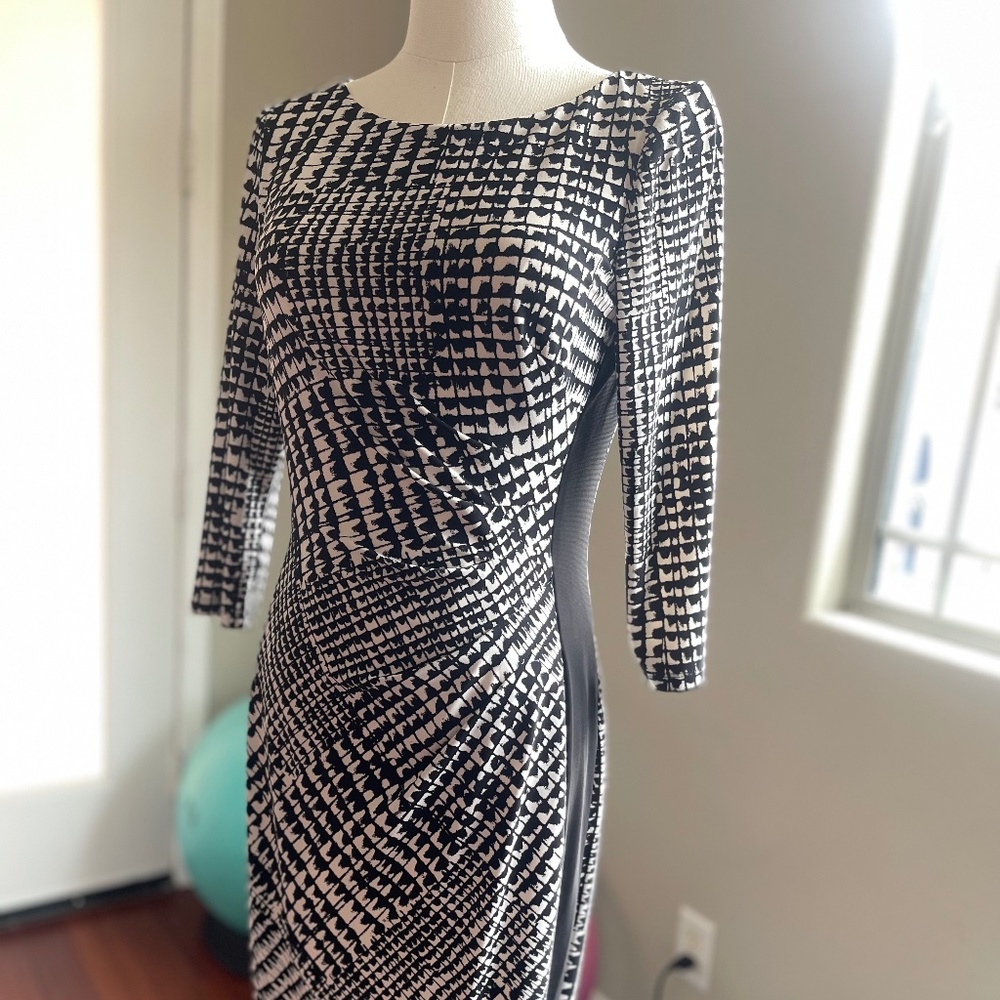 Lauren Ralph Lauren Draped Front Black/Cream Geometric Dress with Side Panels, 2